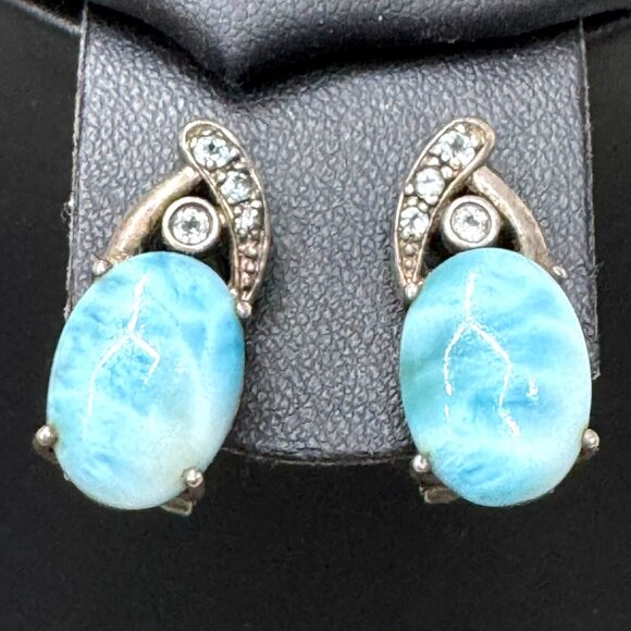 Marahlago Sterling Silver Larimar Gemstone Earrings CZ Accents Oval Shape Omega - Picture 2 of 6